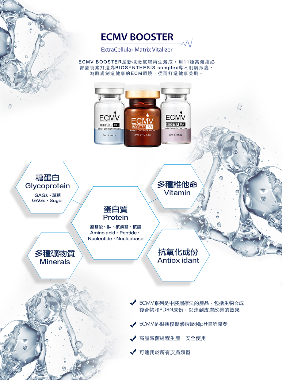 ECMV BOOSTER是新概念皮膚再生溶液，用11種高濃縮必需營養素打造為BIOSYNTHESIScomplex導入肌膚深處，為肌膚創造健康的ECM環境，從而打造健康美肌。