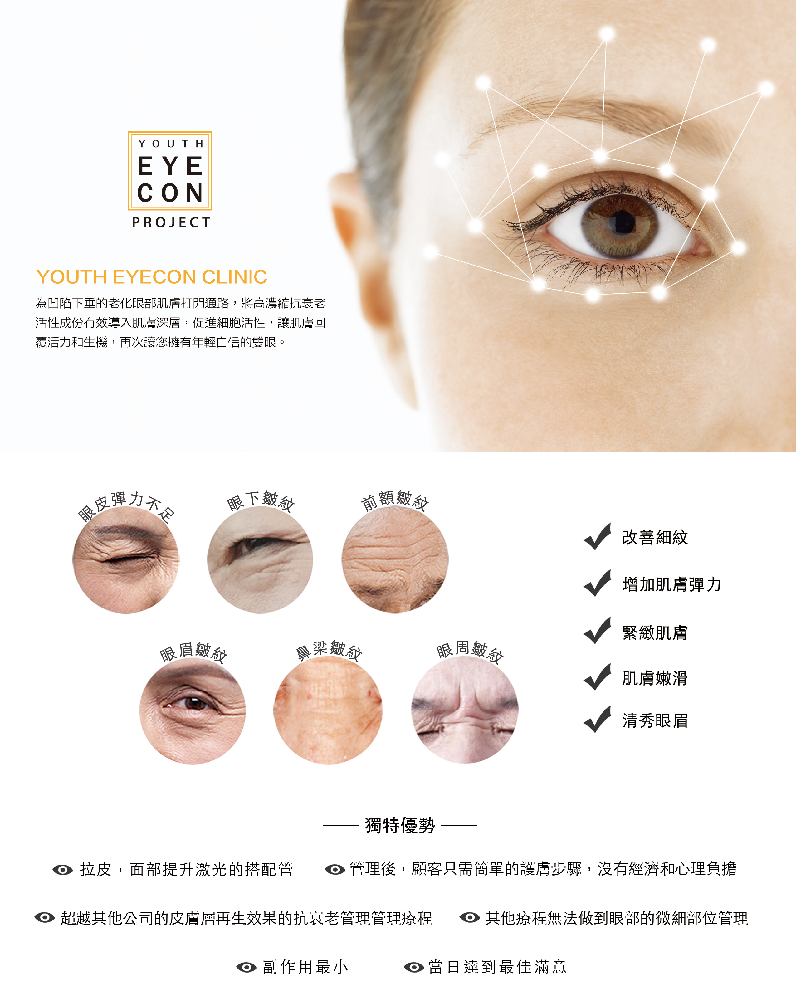 為凹陷下垂的老化眼部肌膚打開通路，將高濃縮抗衰老活性成份有效導入肌膚深層，促進細胞活性，讓肌膚回覆活力和生機，再次讓您擁有年輕自信的雙眼。
